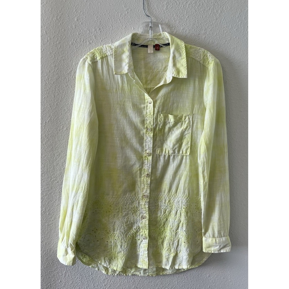 Anthropologie Pilcro Shirt Women's XS Yellow Tie Dye Embroidered Eyelet Boho
